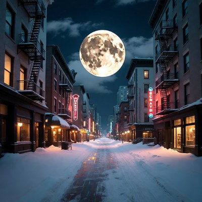 Full Moon Over Snowy Urban Street