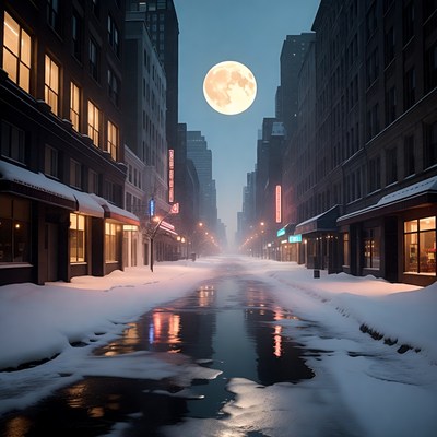 Snowy New York Street with Giant Full Moon
