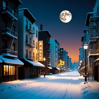 Snowy Chinatown Street Under Full Moon