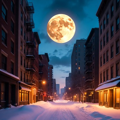 Full Moon Over Snowy Urban Street