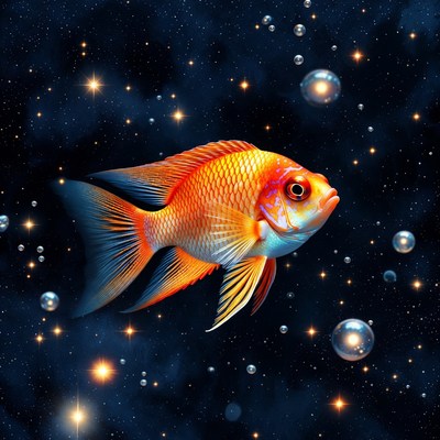 Goldfish swimming in starry space