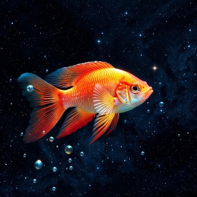 Goldfish swimming in starry space