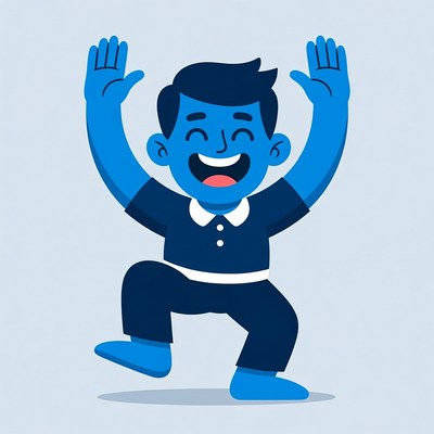 Blue cartoon boy dancing with raised hands