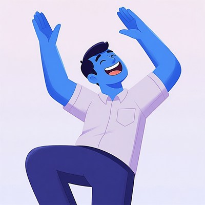 Cartoon man raising arms happily