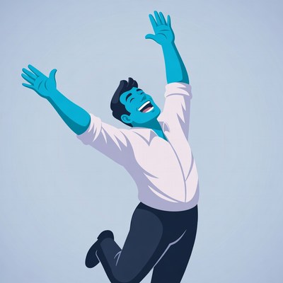 Cartoon man raising arms in joy
