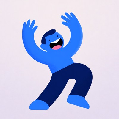 Excited blue cartoon man raising arms