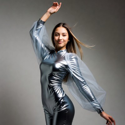 Asian woman dancing in silver bodysuit