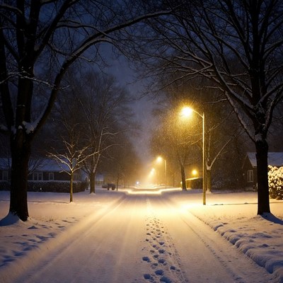 Snowy Street with Footprints at Night