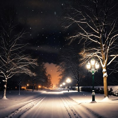 Snowy Street Lined with Streetlamps