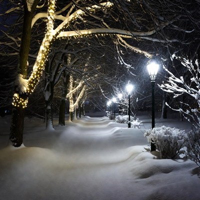 Snowy Pathway with Christmas Lights