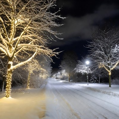 Snowy Path with Christmas Lights Trees