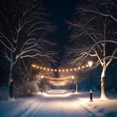 Snowy Path with String Lights and Lanterns
