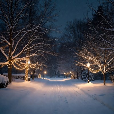 Snowy Pathway with Christmas Lights