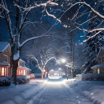 Snowy Street Lined with Houses at Night