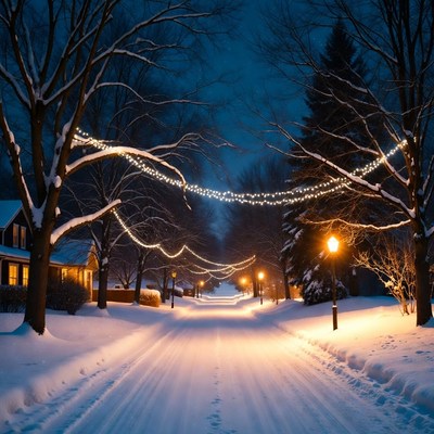 Snowy Street with Christmas Lights