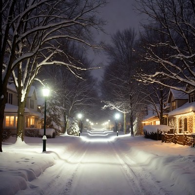 Snowy Street Lined with Lit Trees