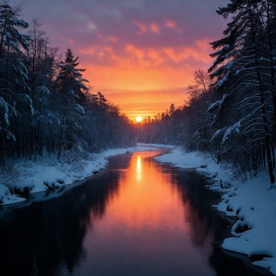 Sunset over snowy river in forest