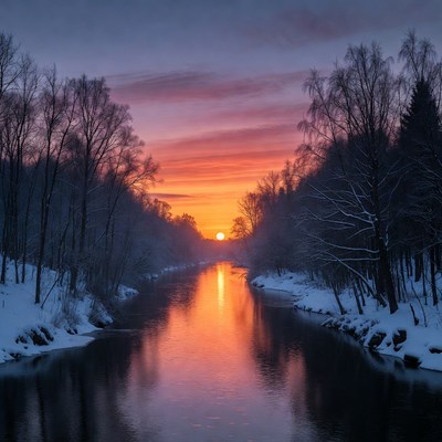 Sunset over snowy river in birch forest