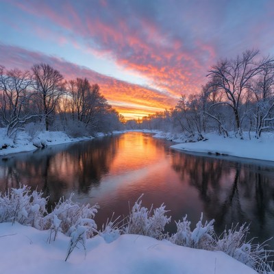 Winter River Sunset with Snowy Trees