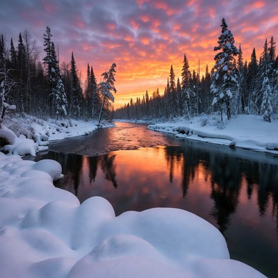 Winter River Sunset with Snowy Trees