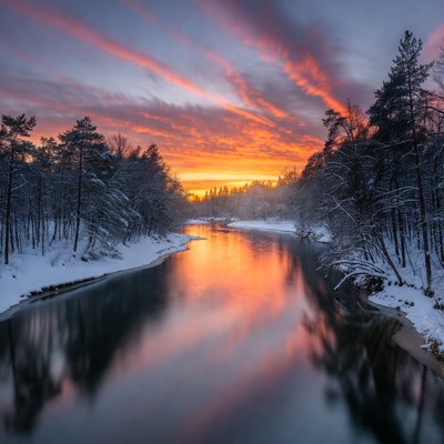 Snowy River at Sunset with Pine Trees