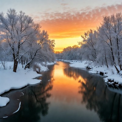 Snowy Trees Framing Sunset River Reflection