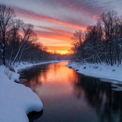 Winter River Sunset with Snowy Trees