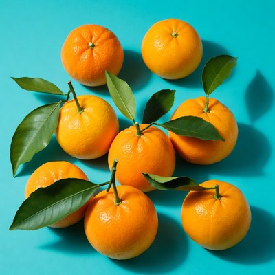 Fresh Oranges with Leaves on Blue Background