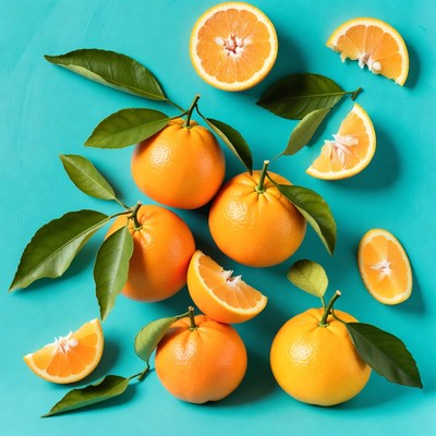 Fresh Oranges with Leaves on Blue Background