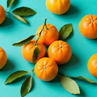 Mandarins with Leaves on Blue Background