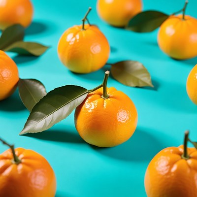 Mandarins with Leaves on Blue Background