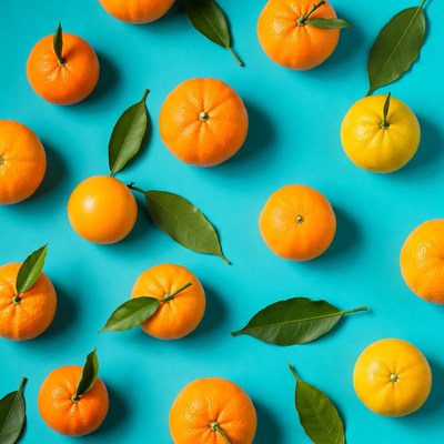 Oranges and Leaves on Blue Background