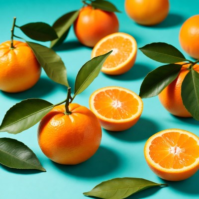 Fresh Oranges with Leaves on Blue Background