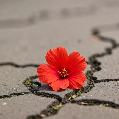 Red Flower on Cracked Concrete