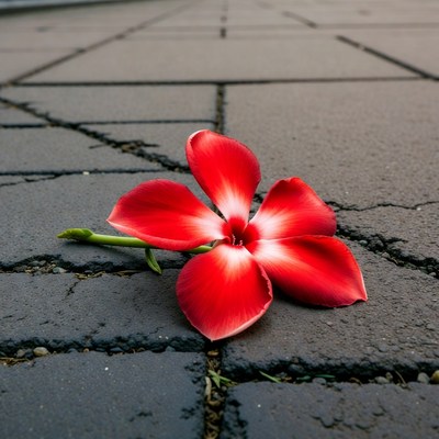 Red frangipani flower on pavement
