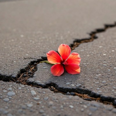 Red Hibiscus Flower in Cracked Pavement