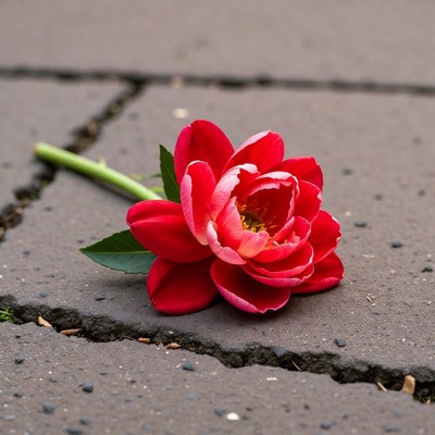 Red tulip on cracked pavement