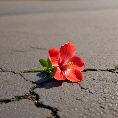 Red Hibiscus Flower on Cracked Pavement