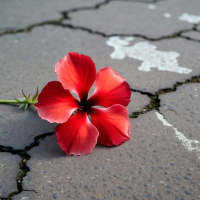 Red Hibiscus Flower on Cracked Pavement
