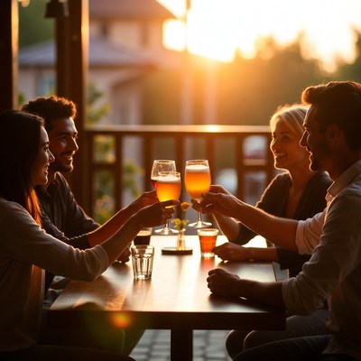 Friends toasting beers on sunset patio