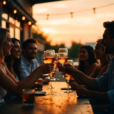 Group toasting wine glasses at sunset patio