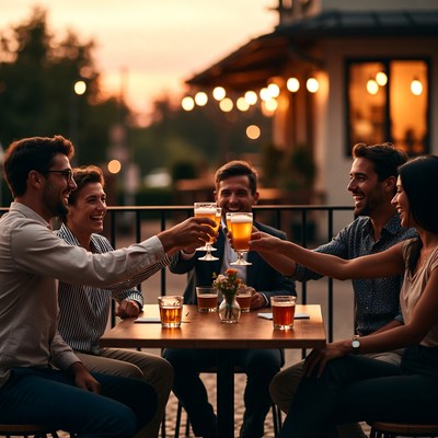 Group toasting beers at sunset patio