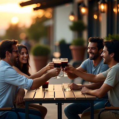 Friends toasting wine glasses outdoors