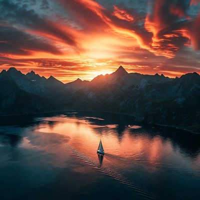 Sailboat in Sunset Lake Mountains