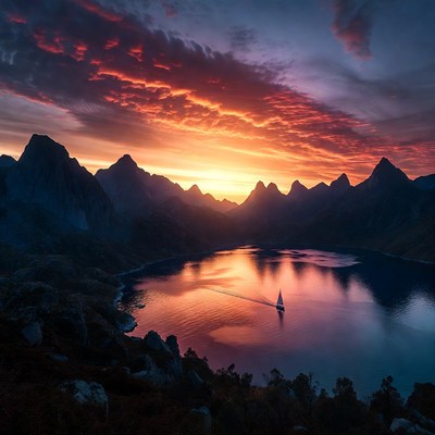 Sailboat on lake at sunset mountains