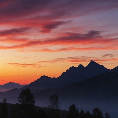Sunset over silhouetted mountains