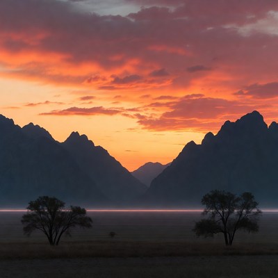 Sunset over mountains and valley