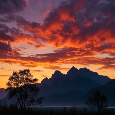 Sunset over Mountains with Silhouetted Trees