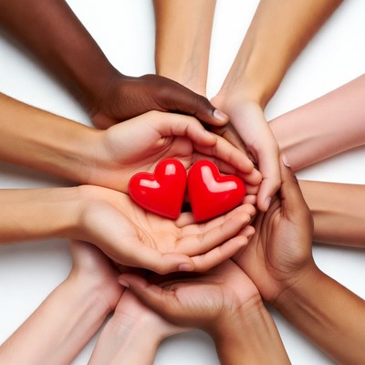 Diverse hands holding red hearts