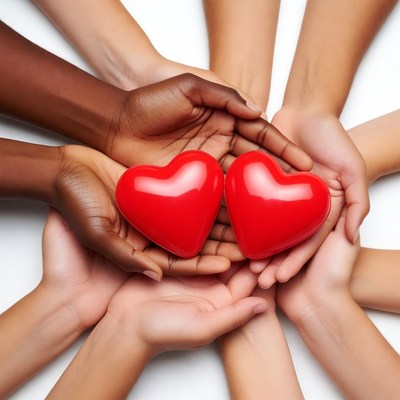 Diverse hands holding red hearts